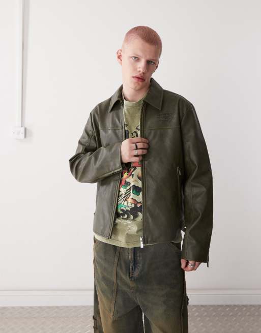 Ed Hardy vintage washed vegan leather motorcross jacket in green