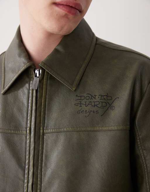 Ed Hardy vintage washed vegan leather motorcross jacket in green