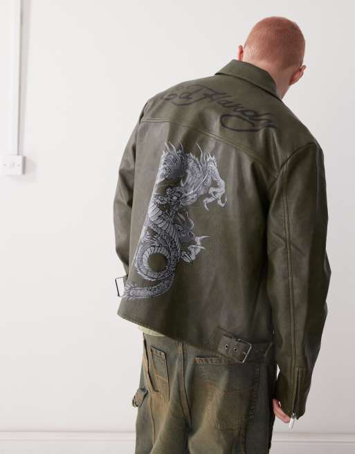 Ed Hardy vintage washed vegan leather motorcross jacket in green