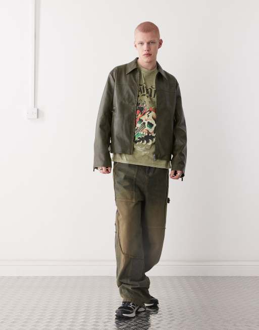 Ed Hardy vintage washed vegan leather motorcross jacket in green