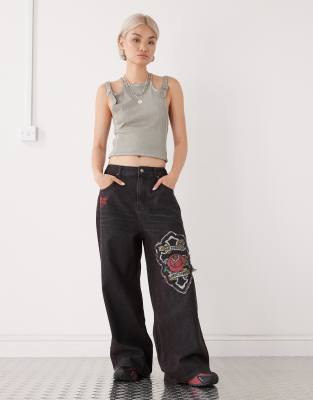 Ed Hardy Womens Applique Baggy Jeans In Black