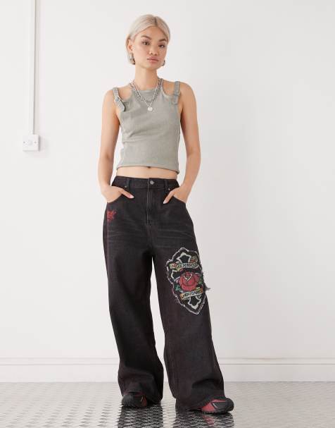 Ed Hardy womens applique baggy jeans in black