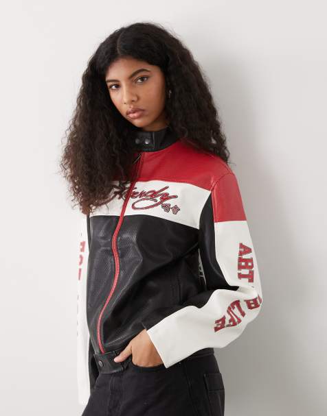 Ed Hardy womens art for life perforated moto jacket in red and black