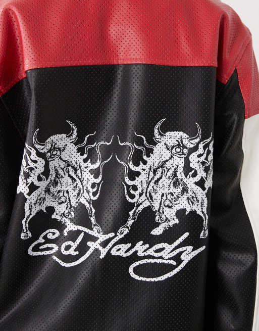 Ed Hardy womens art for life perforated moto jacket in red and black, 3 of 4