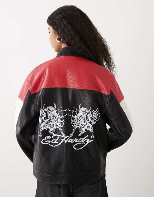 Ed Hardy womens art for life perforated moto jacket in red and black, 4 of 4