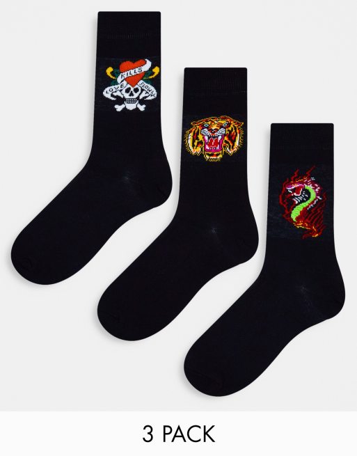 Ed Hardy – Zestaw 3 par czarnych skarpetek z logo i nadrukiem w tatuażowym stylu