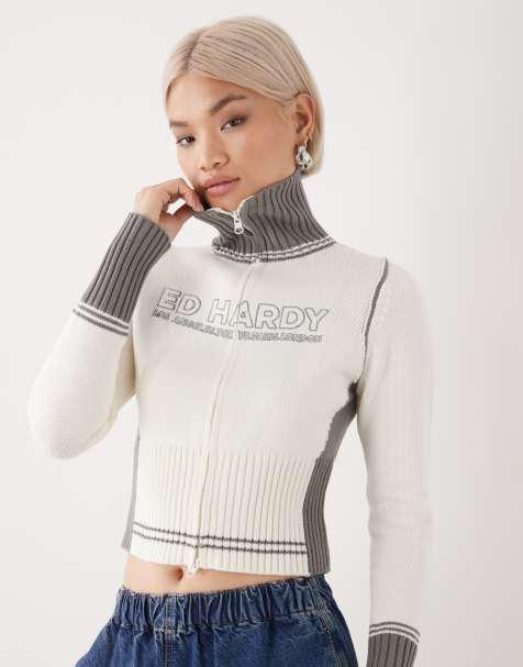 Ed Hardy zip front Y2K knit jumper with embossing and skull back
