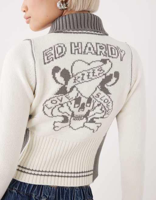 Ed Hardy zip front Y2K knit jumper with embossing and skull back