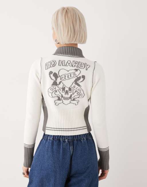 Ed Hardy zip front Y2K knit jumper with embossing and skull back