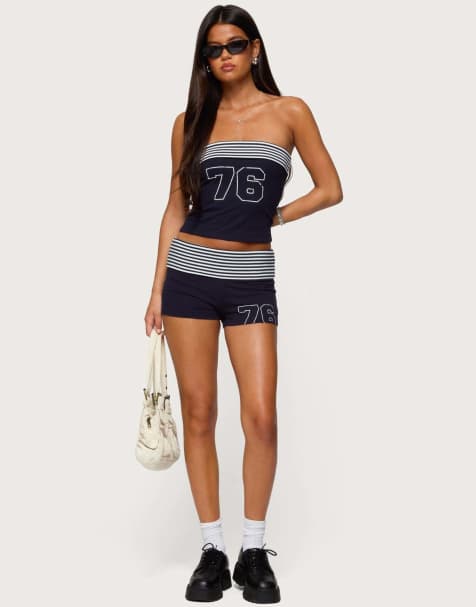 Edikted 76 stripey fold over tube top in navy and white - view 1