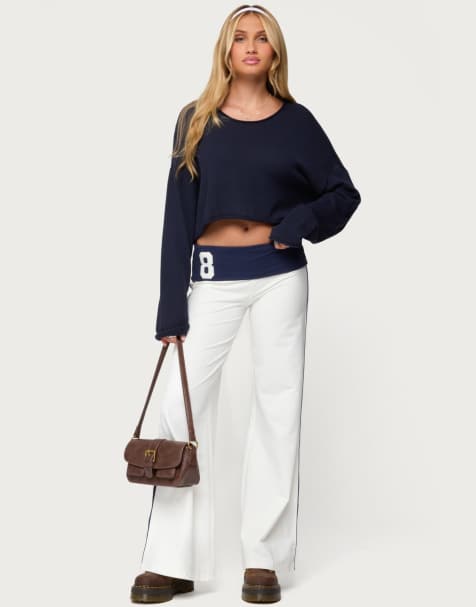 Edikted 8 contrast fold over wide leg pants in white and navy - view 1