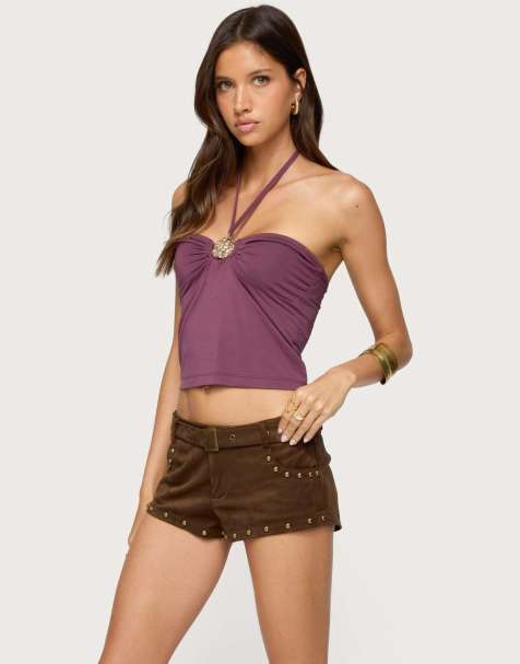 Edikted Abstract metal detail halter top in burgundy - view 1