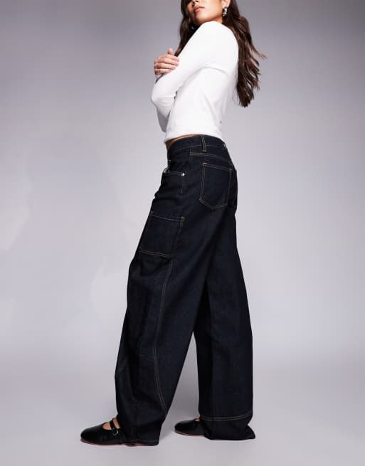 Edikted Aden contrast stitch barrel jeans in dark blue, 3 of 5