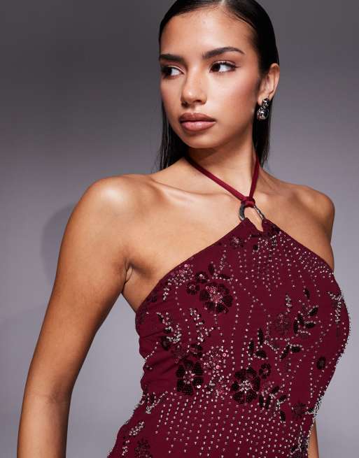 Edikted Adria bead & sequin mini dress in burgundy | ASOS
