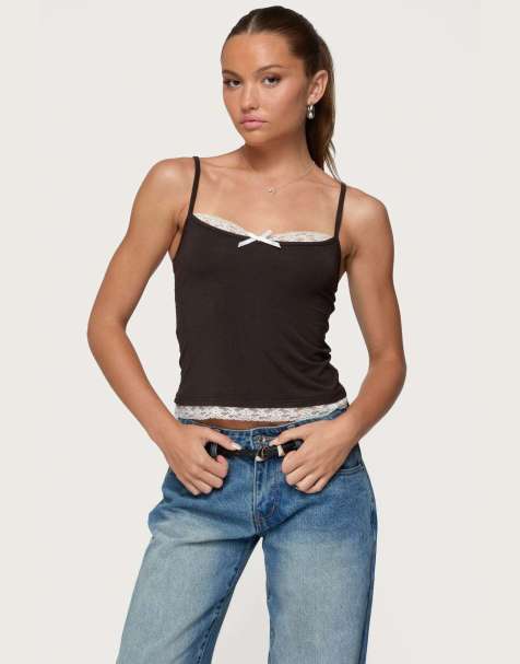 Edikted Adriel contrast lacey tank top in brown - view 1