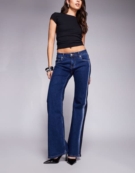Edikted Airbrushed low rise flared jeans in dark blue washed