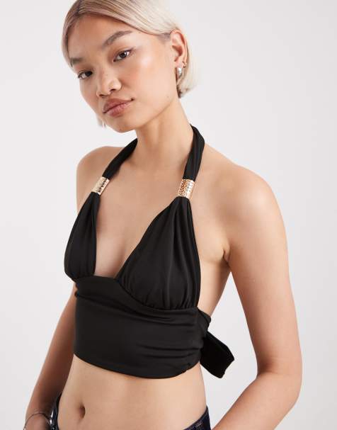 Edikted Aiva backless plunge neck halter top in black