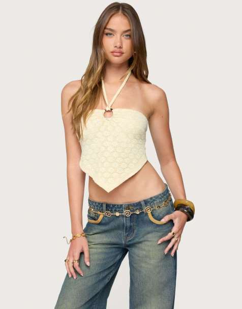 Edikted Alana floral handkerchief halter top in cream