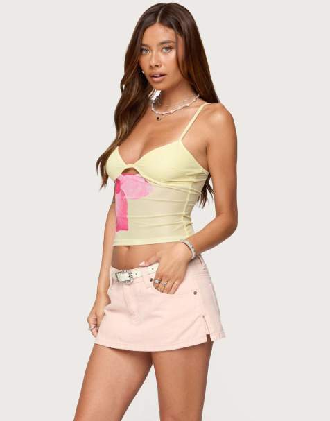 Edikted Alanah flower cut out mesh top in yellow - view 1