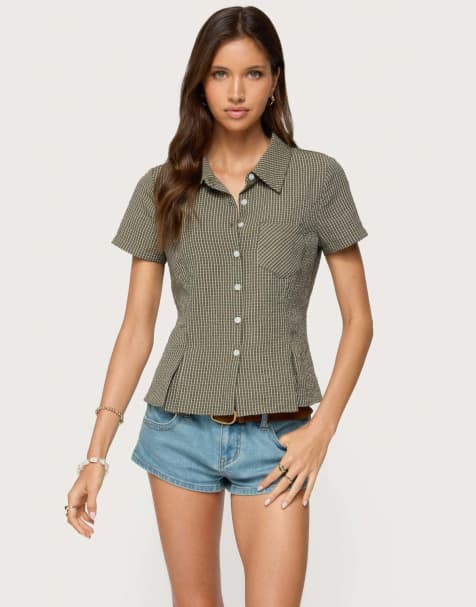 Edikted Alisa plaid tailored button up shirt in olive - view 1