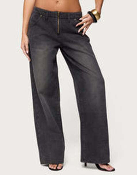 Edikted Aliyah zip low rise jeans in black washed - view 1