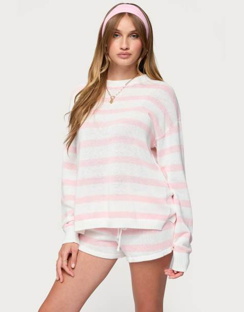 Edikted Amaris oversized striped knit sweater in light pink - view 1