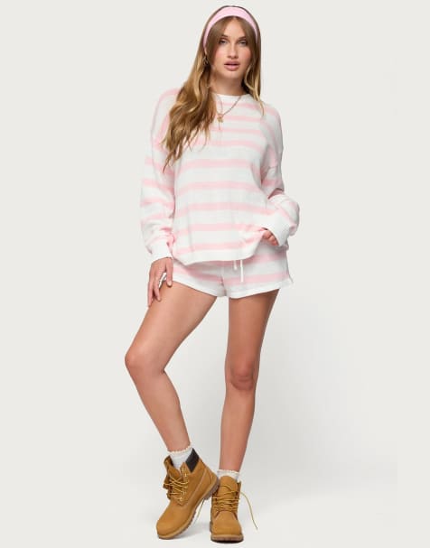Edikted Amaris striped knit shorts in light pink