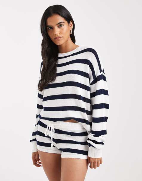 Edikted Amaris striped knit shorts in navy white - view 1