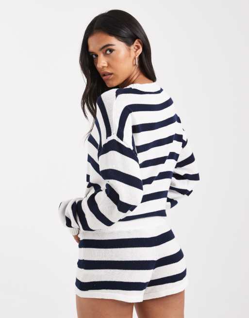 Edikted Amaris striped knit shorts in navy white, 5 of 5