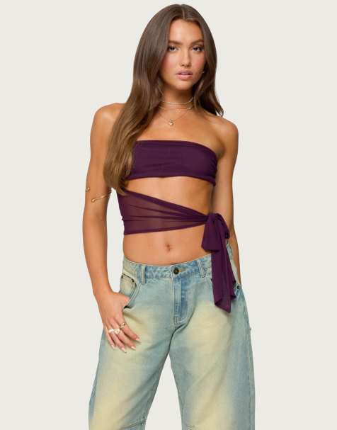 Edikted Amaro strapless side tie cut out top in purple