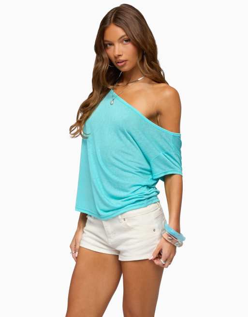 Edikted amora off shoulder sheer top in turquoise, 3 of 5