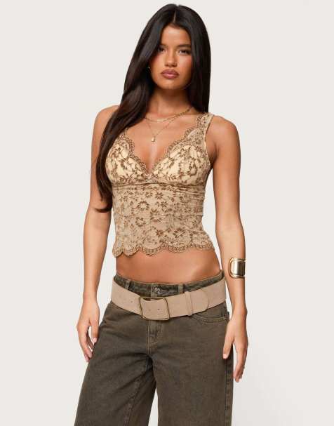 Edikted Araura velvet floral sheer top in brown - view 1