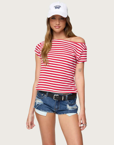 Edikted Aretha striped off shoulder top in red - view 1