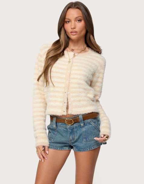 Edikted Aria striped fuzzy knit cardigan in cream - view 1