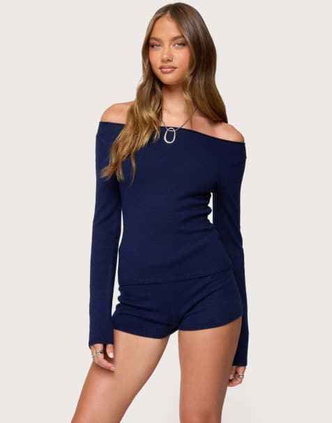 Edikted Arianna off shoulder knit sweater in navy - view 1