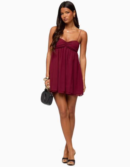 Edikted ariellah chiffon babydoll mini dress in burgundy, 4 of 5