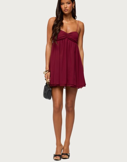Edikted ariellah chiffon babydoll mini dress in burgundy, 5 of 5