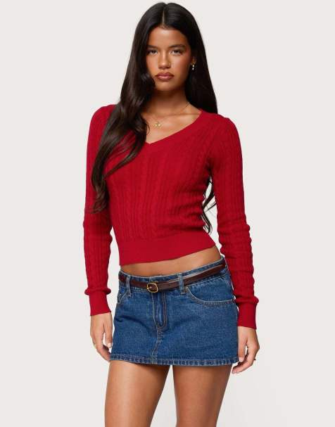 Edikted Ashlee v neck cable knit top in red