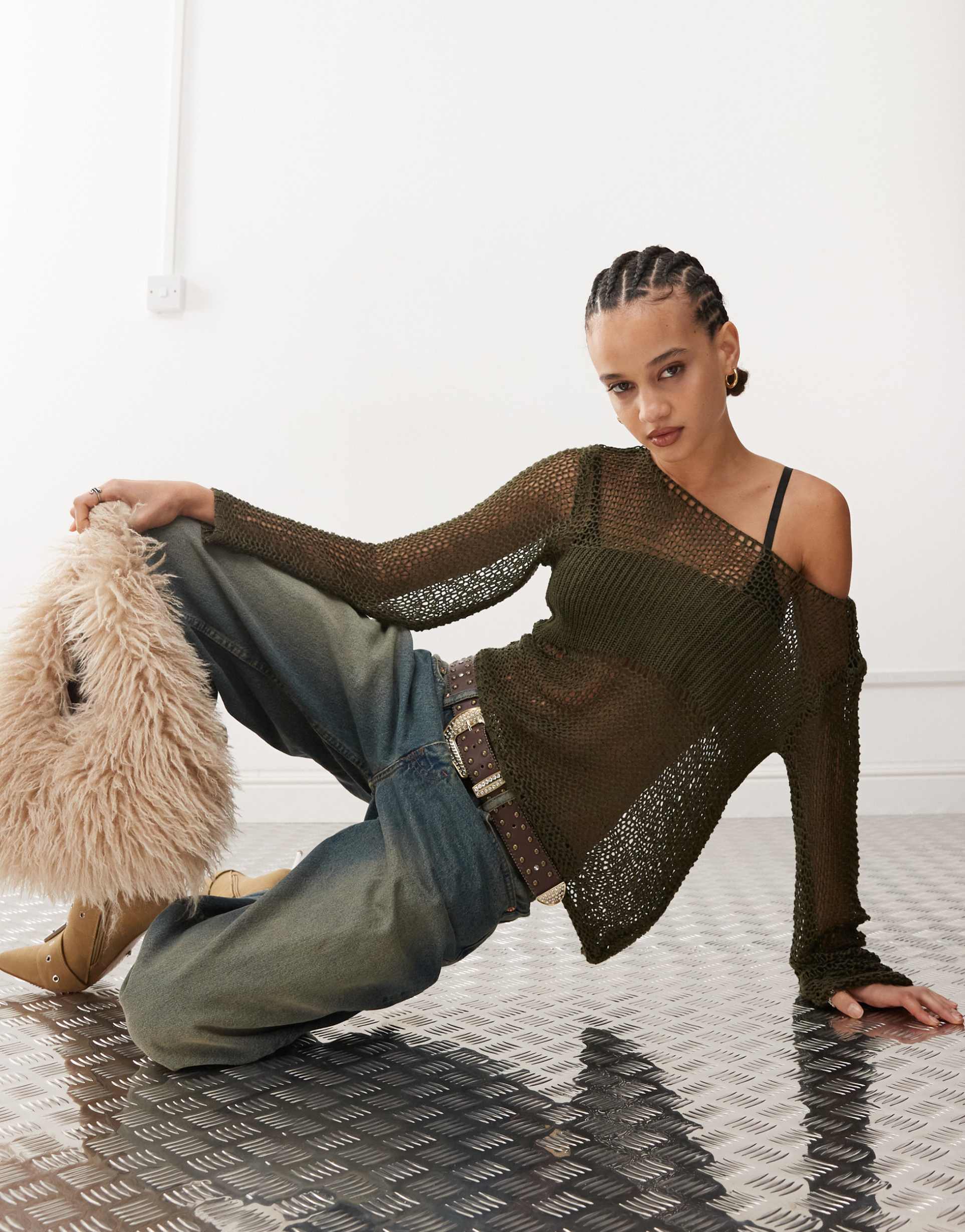 edikted asymmetric open knit top in olive