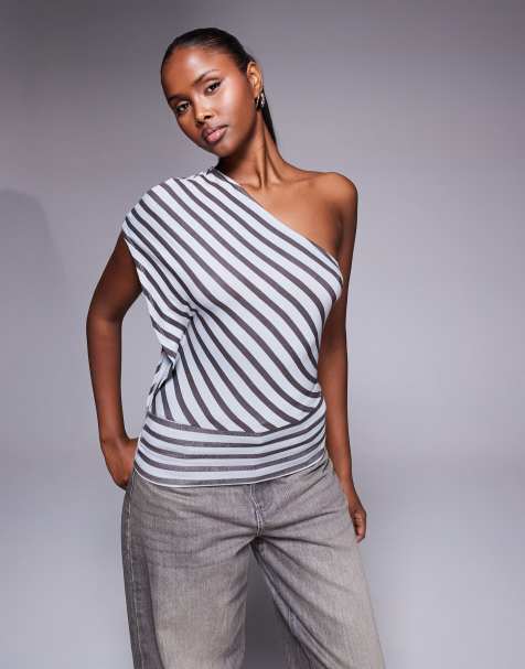 Edikted Asymmetric striped one shoulder top in grey