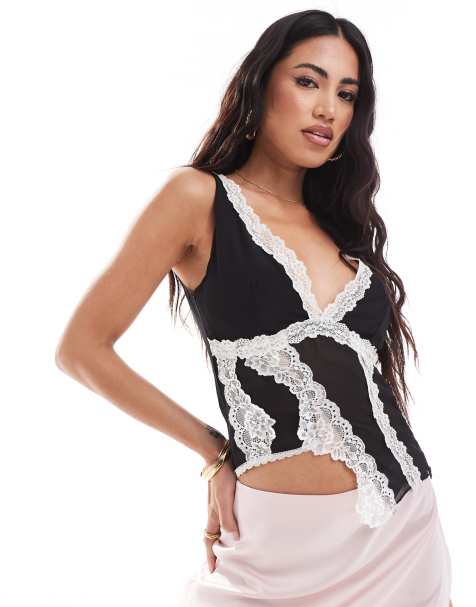 Edikted asymmetric vest top with white lace in black - view 1