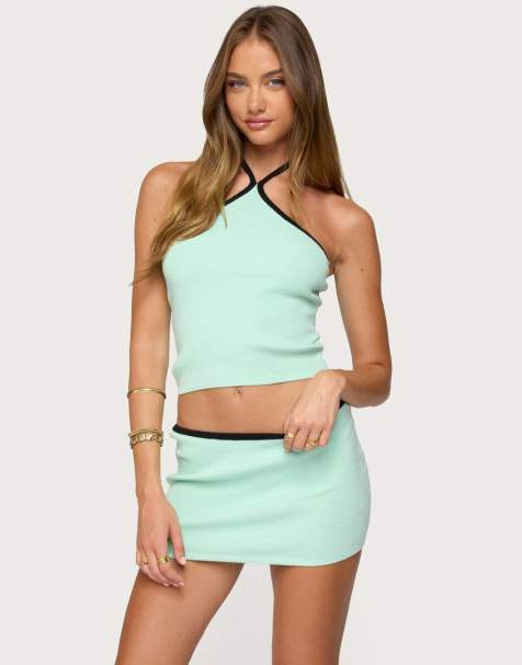 Edikted Aureley contrast knit halter top in aqua - view 1