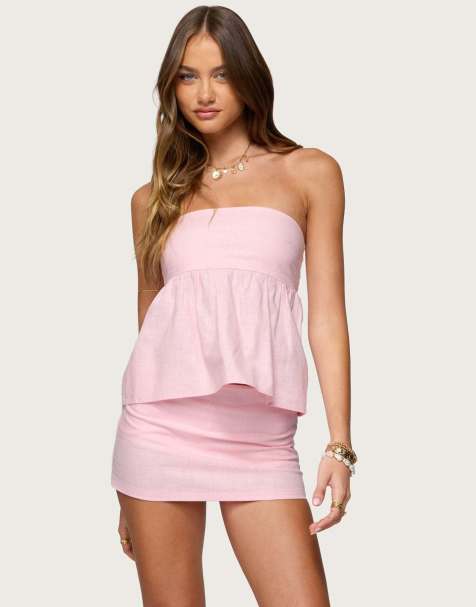 Edikted Avalai linen look strapless babydoll top in light pink