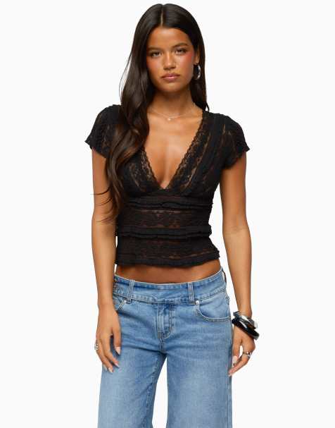 Edikted avalee sheer lace v neck top in black