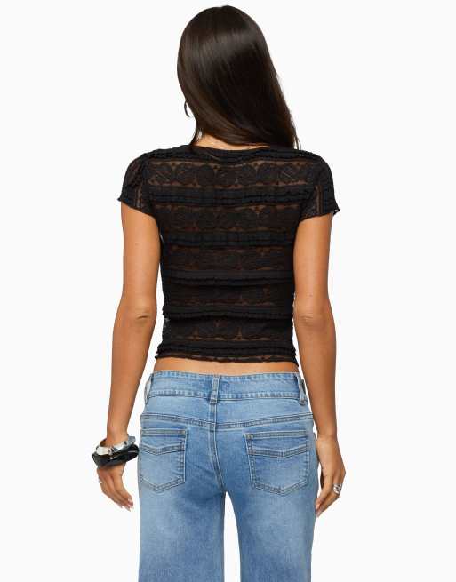 Edikted avalee sheer lace v neck top in black, 2 of 5