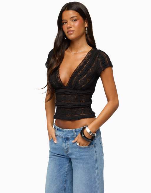 Edikted avalee sheer lace v neck top in black, 3 of 5