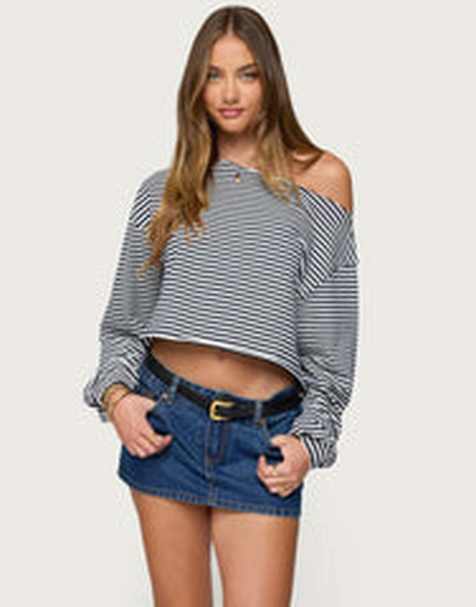 Edikted Aveline off shoulder light sweatshirt in navy and white - view 1