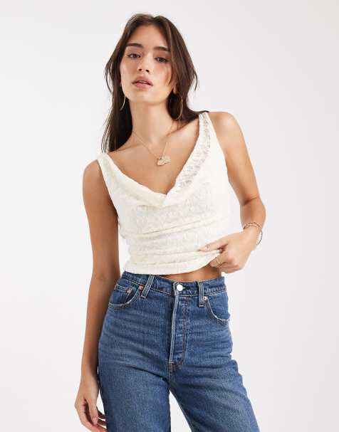 Edikted Aysha lace cowl neck top in cream - view 1