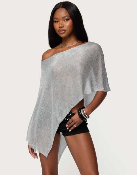 Edikted Azalia asymmetric knit poncho in silver - view 1