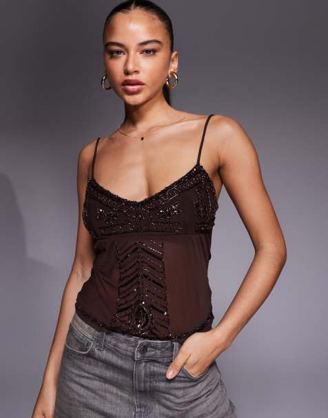 Edikted Azelia beaded sheer chiffon top in brown
